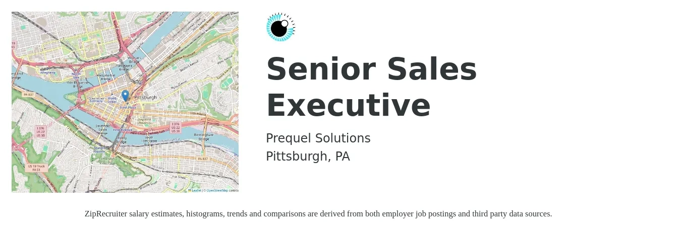 Prequel Solutions job posting for a Senior Sales Executive in Pittsburgh, PA with a salary of $70,400 to $121,400 Yearly with a map of Pittsburgh location.