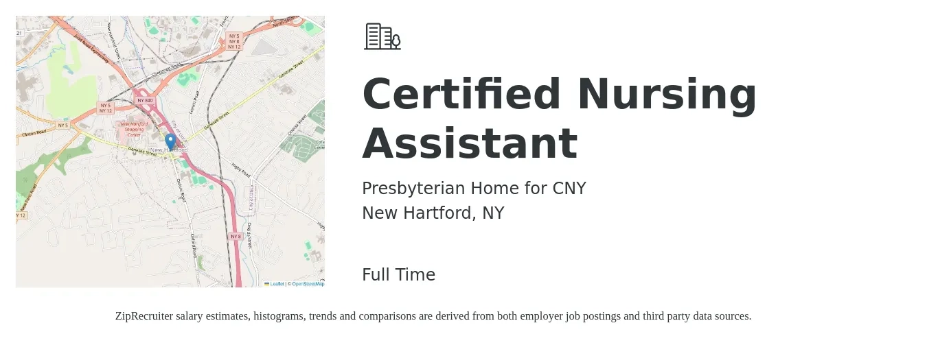 Presbyterian Home for CNY job posting for a Certified Nursing Assistant in New Hartford, NY with a salary of $16 to $22 Hourly with a map of New Hartford location.