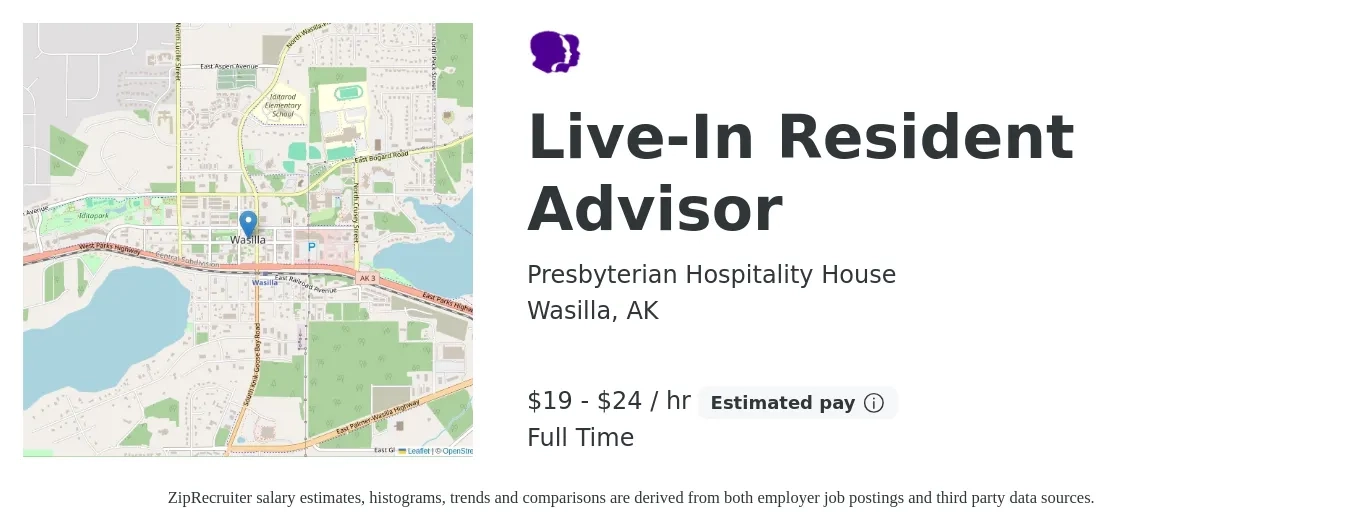 Presbyterian Hospitality House job posting for a Live-In Resident Advisor in Wasilla, AK with a salary of $20 to $25 Hourly with a map of Wasilla location.