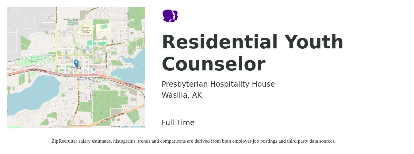 Presbyterian Hospitality House job posting for a Residential Youth Counselor in Wasilla, AK with a salary of $20 to $25 Hourly with a map of Wasilla location.