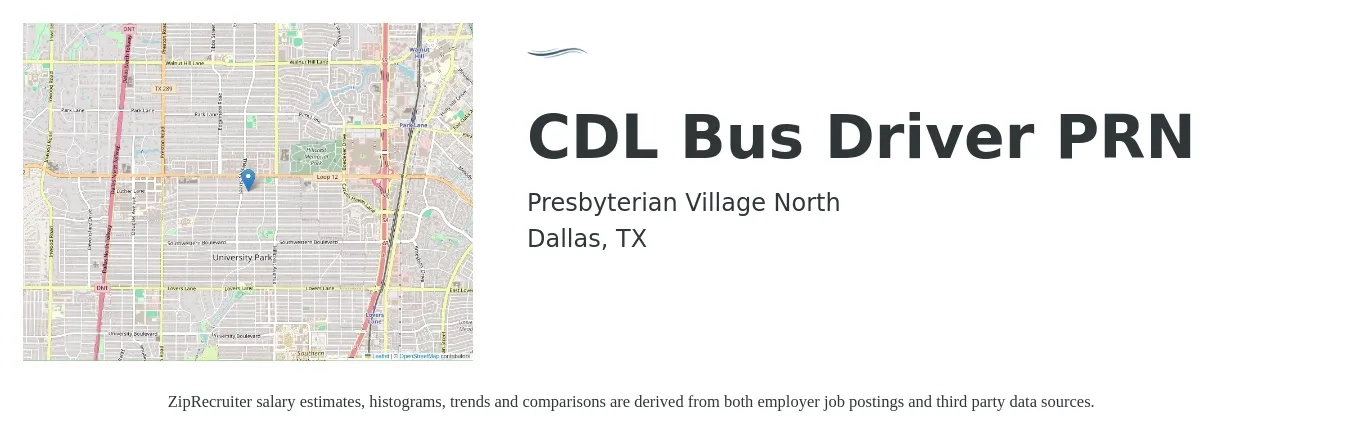 Presbyterian Village North job posting for a CDL Bus Driver PRN in Dallas, TX with a salary of $23 to $39 Hourly with a map of Dallas location.