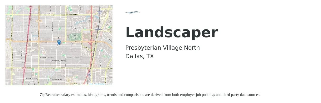 Presbyterian Village North job posting for a Landscaper in Dallas, TX with a salary of $14 to $18 Hourly with a map of Dallas location.