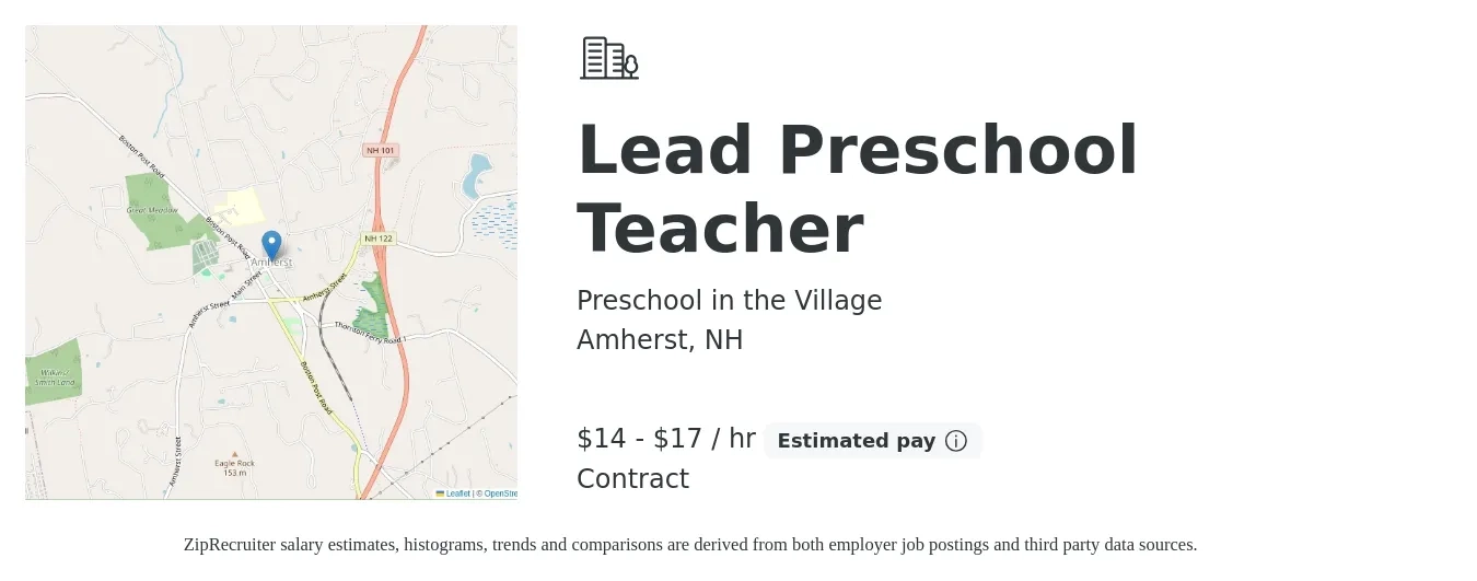 Preschool in the Village job posting for a Lead Preschool Teacher in Amherst, NH with a salary of $15 to $18 Hourly with a map of Amherst location.