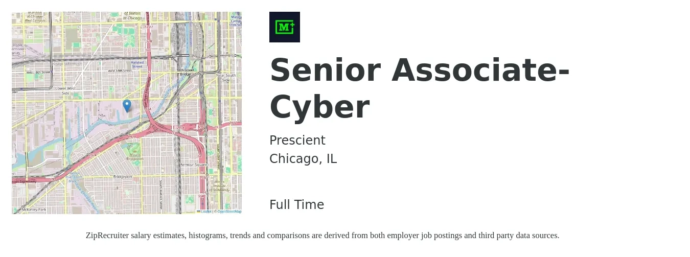 Prescient job posting for a Senior Associate-Cyber in Chicago, IL with a salary of $45,900 to $97,900 Yearly with a map of Chicago location.