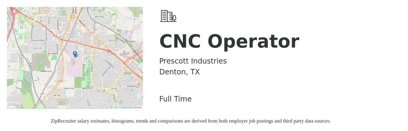 Prescott Industries job posting for a CNC Operator in Denton, TX with a salary of $19 to $26 Hourly with a map of Denton location.