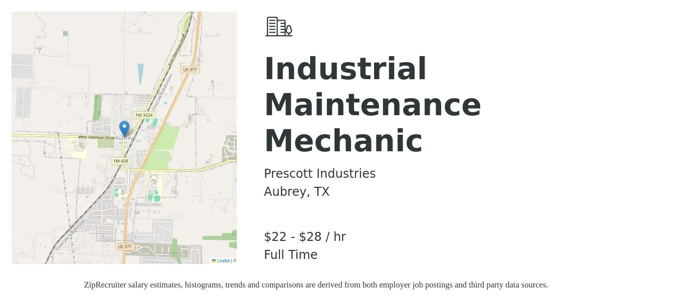 Prescott Industries job posting for a Industrial Maintenance Mechanic in Aubrey, TX with a salary of $23 to $30 Hourly with a map of Aubrey location.