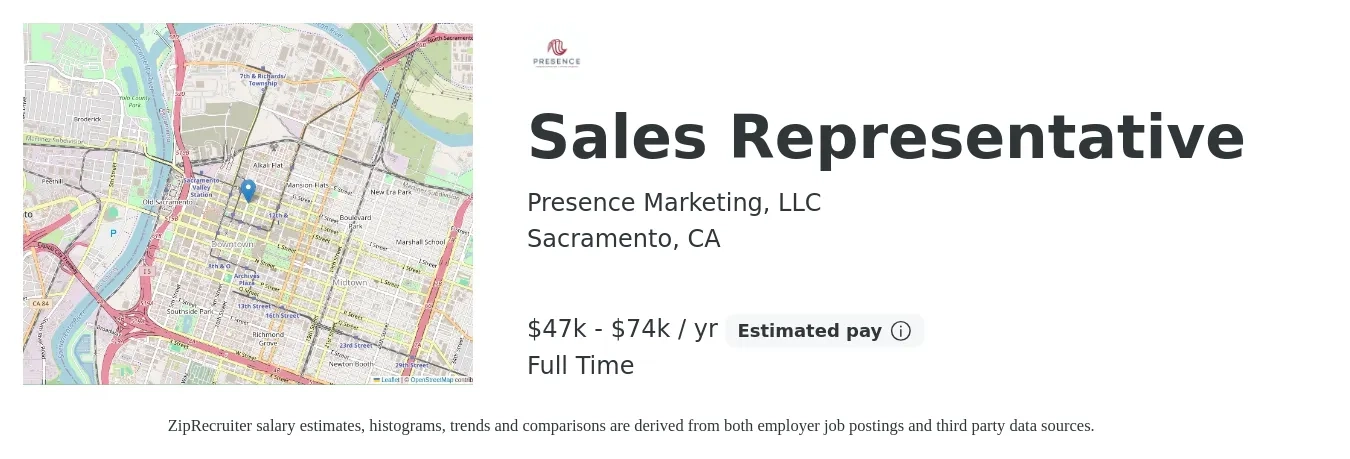 Presence Marketing, LLC job posting for a Sales Representative in Sacramento, CA with a salary of $47,278 to $74,294 Yearly with a map of Sacramento location.