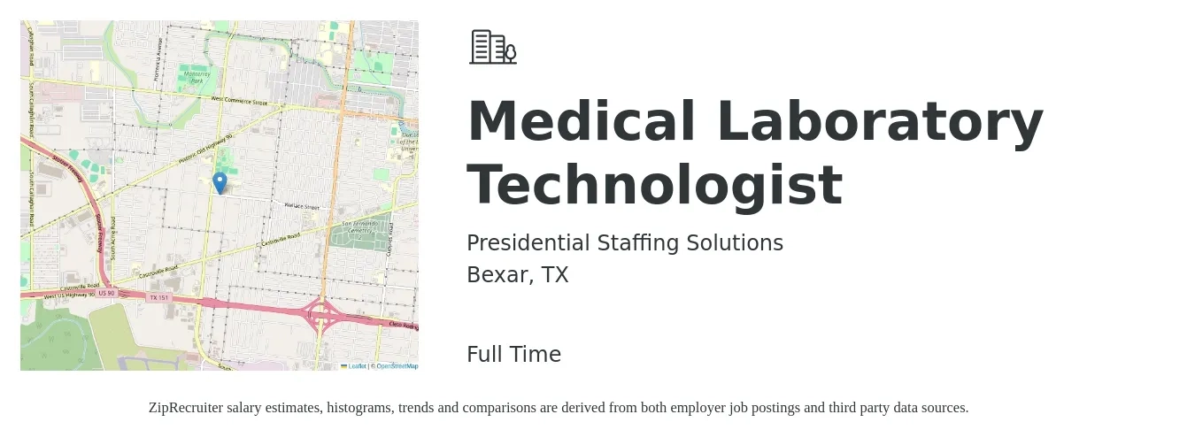 Presidential Staffing Solutions job posting for a Medical Laboratory Technologist in Bexar, TX with a salary of $31 to $32 Hourly with a map of Bexar location.