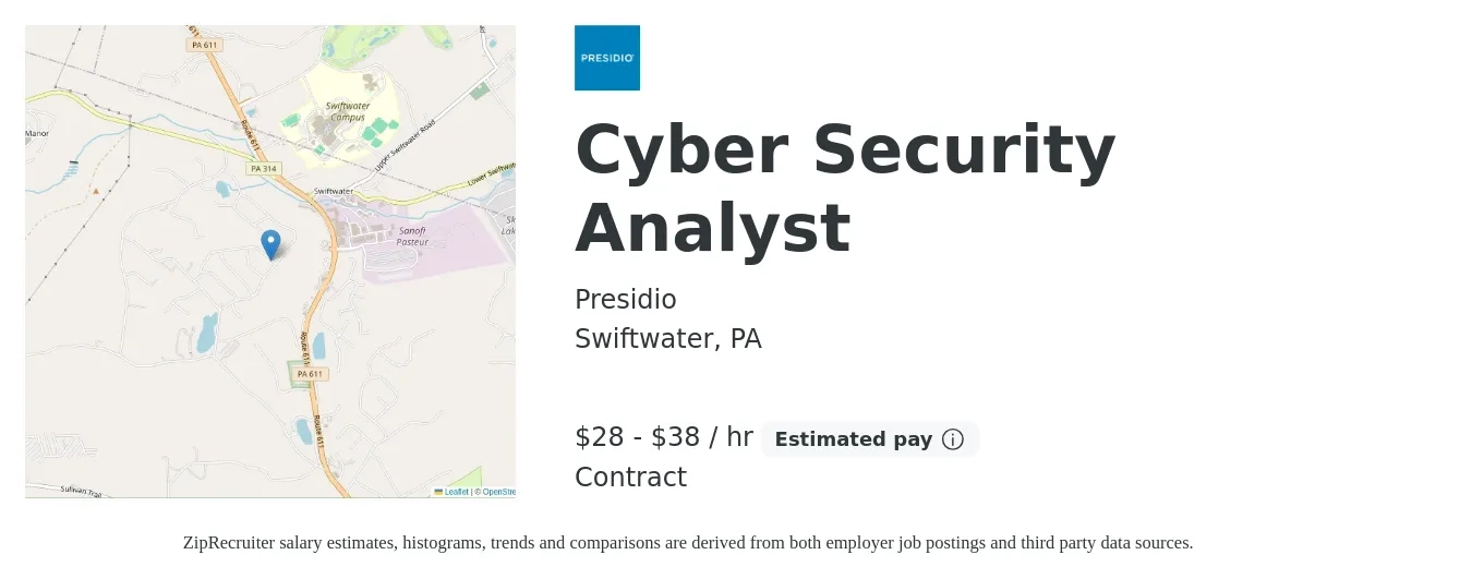 Presidio job posting for a Cyber Security Analyst in Swiftwater, PA with a salary of $30 to $40 Hourly with a map of Swiftwater location.