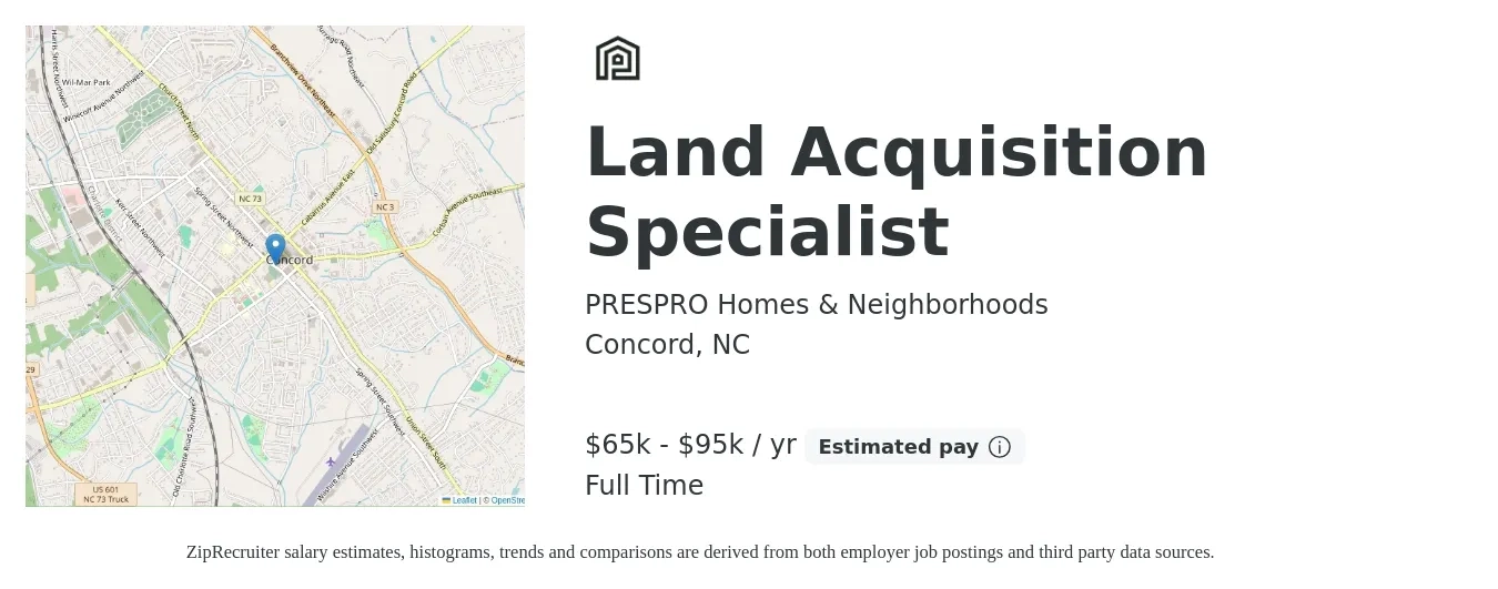 PRESPRO Homes & Neighborhoods job posting for a Land Acquisition Specialist in Concord, NC with a salary of $65,000 to $95,000 Yearly and benefits including pto with a map of Concord location.