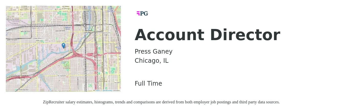 Press Ganey job posting for a Account Director in Chicago, IL with a salary of $97,900 to $126,200 Yearly with a map of Chicago location.