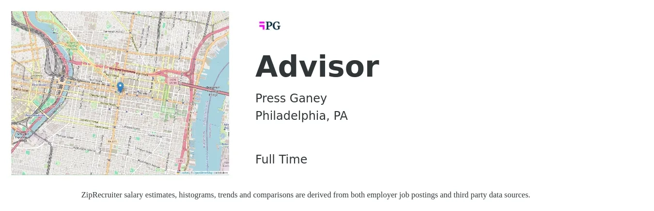 Press Ganey job posting for a Advisor in Philadelphia, PA with a salary of $20 to $31 Hourly with a map of Philadelphia location.