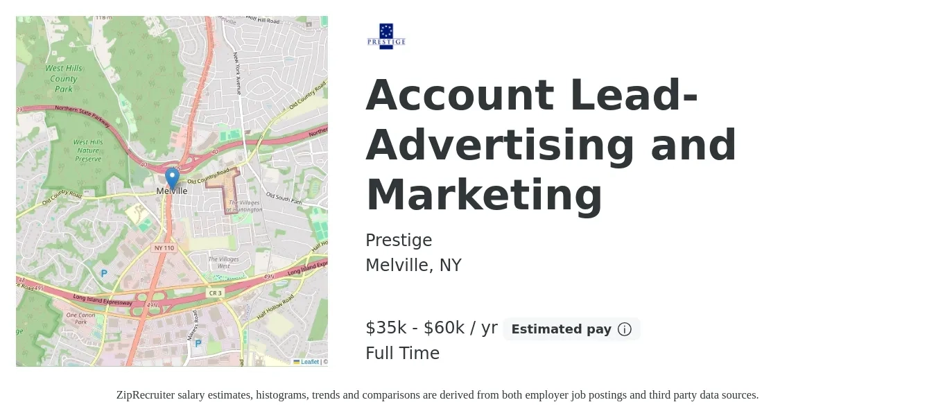 Prestige job posting for a Account Lead- Advertising and Marketing in Melville, NY with a salary of $35,000 to $60,000 Yearly with a map of Melville location.