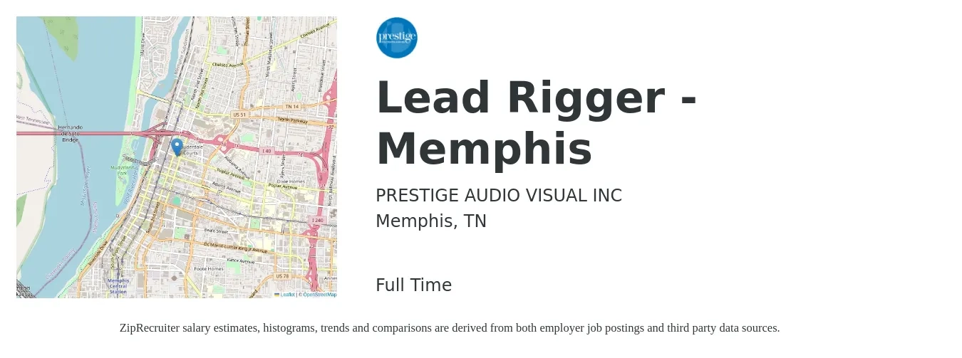 PRESTIGE AUDIO VISUAL INC job posting for a Lead Rigger - Memphis in Memphis, TN with a salary of $23 to $30 Hourly with a map of Memphis location.