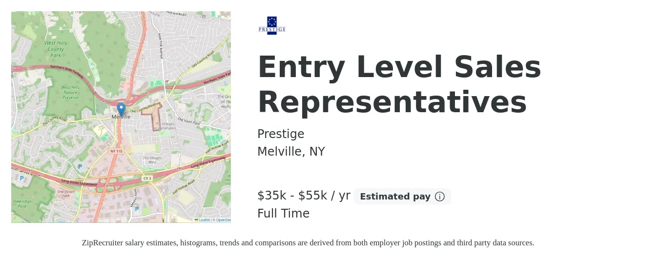 Prestige job posting for a Entry Level Sales Representatives in Melville, NY with a salary of $48,100 to $77,300 Yearly with a map of Melville location.