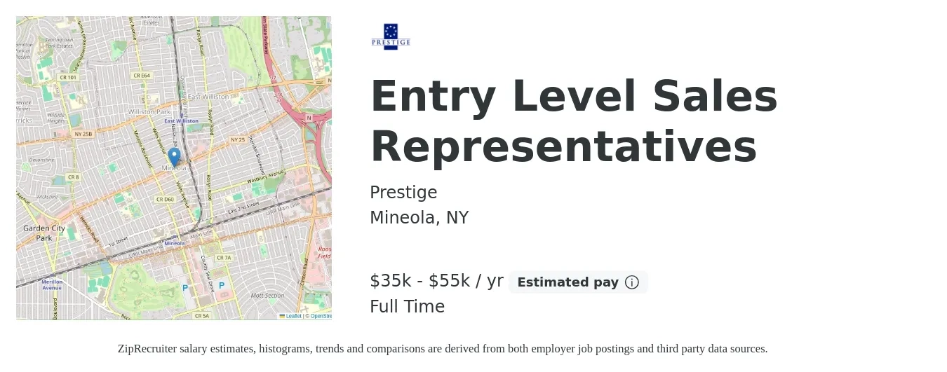 Prestige job posting for a Entry Level Sales Representatives in Mineola, NY with a salary of $35,000 to $55,000 Yearly with a map of Mineola location.