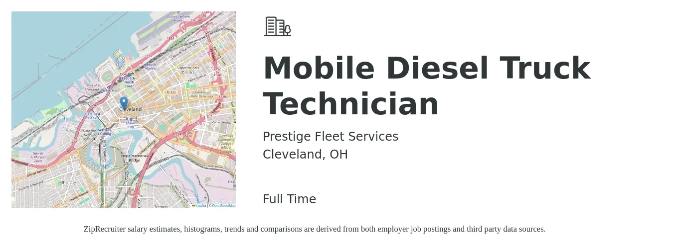 Prestige Fleet Services job posting for a Mobile Diesel Truck Technician in Cleveland, OH with a salary of $26 to $36 Hourly with a map of Cleveland location.