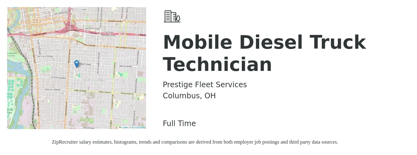 Prestige Fleet Services job posting for a Mobile Diesel Truck Technician in Columbus, OH with a salary of $26 to $36 Hourly with a map of Columbus location.