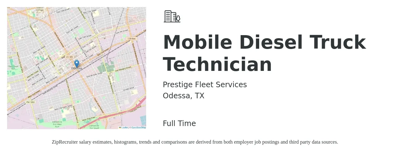 Prestige Fleet Services job posting for a Mobile Diesel Truck Technician in Odessa, TX with a salary of $25 to $35 Hourly with a map of Odessa location.