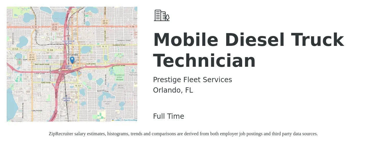 Prestige Fleet Services job posting for a Mobile Diesel Truck Technician in Orlando, FL with a salary of $25 to $35 Hourly with a map of Orlando location.