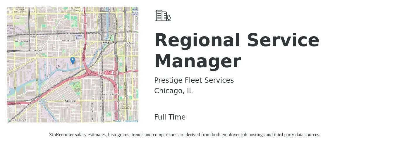 Prestige Fleet Services job posting for a Regional Service Manager in Chicago, IL with a salary of $100,000 Yearly with a map of Chicago location.