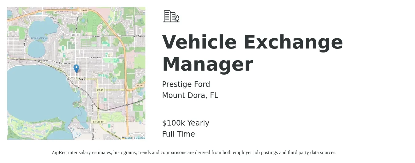 Prestige Ford job posting for a Vehicle Exchange Manager in Mount Dora, FL with a salary of $100,000 Yearly with a map of Mount Dora location.