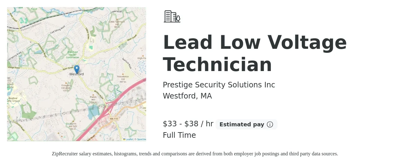 Prestige Security Solutions Inc job posting for a Lead Low Voltage Technician in Westford, MA with a salary of $35 to $40 Hourly with a map of Westford location.