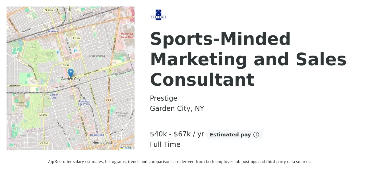 Prestige job posting for a Sports-Minded Marketing and Sales Consultant in Garden City, NY with a salary of $40,000 to $67,000 Yearly with a map of Garden City location.