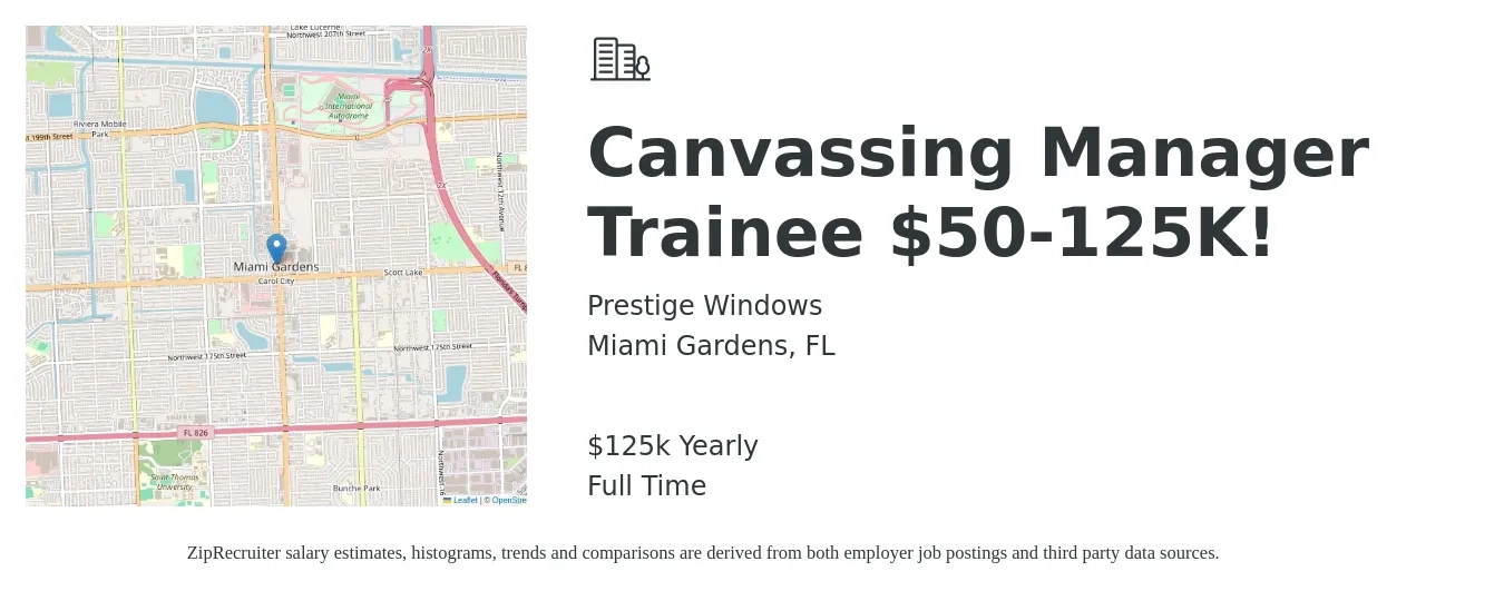 Prestige Windows job posting for a Canvassing Manager Trainee $50-125K! in Miami Gardens, FL with a salary of $125,000 Yearly with a map of Miami Gardens location.