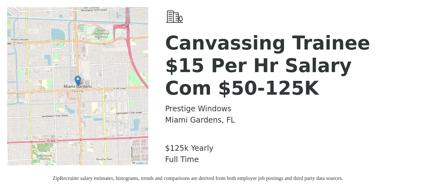 Prestige Windows job posting for a Canvassing Trainee $15 Per Hr Salary Com $50-125K in Miami Gardens, FL with a salary of $125,000 Yearly with a map of Miami Gardens location.
