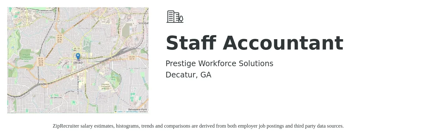 Prestige Workforce Solutions job posting for a Staff Accountant in Decatur, GA with a salary of $53,700 to $70,800 Yearly with a map of Decatur location.