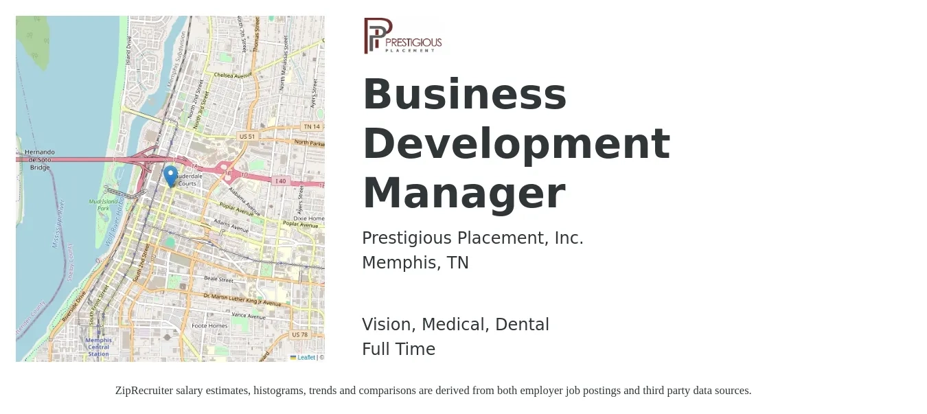 Prestigious Placement, Inc. job posting for a Business Development Manager in Memphis, TN with a salary of $59,300 to $97,100 Yearly and benefits including dental, medical, pto, and vision with a map of Memphis location.