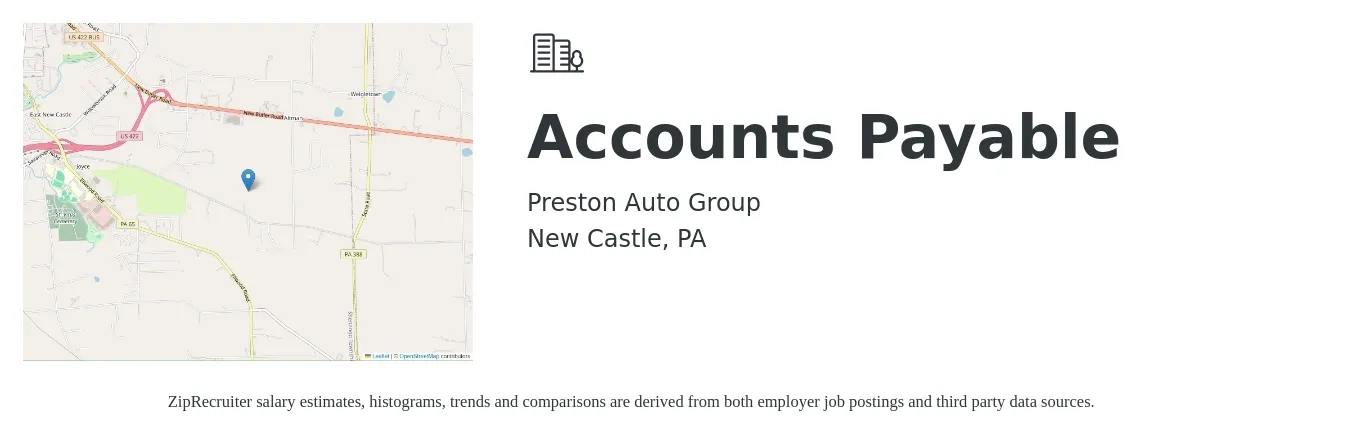 Preston Auto Group job posting for a Accounts Payable in New Castle, PA with a salary of $17 to $22 Hourly with a map of New Castle location.