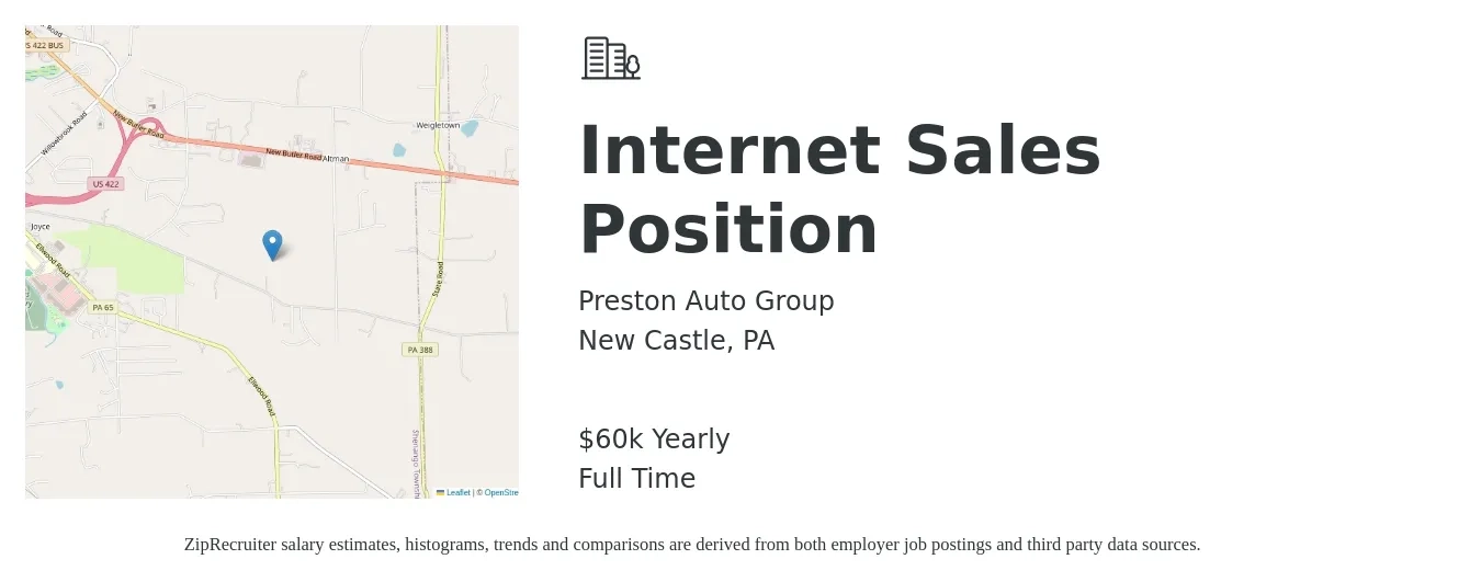 Preston Auto Group job posting for a Internet Sales Position in New Castle, PA with a salary of $60,000 Yearly with a map of New Castle location.
