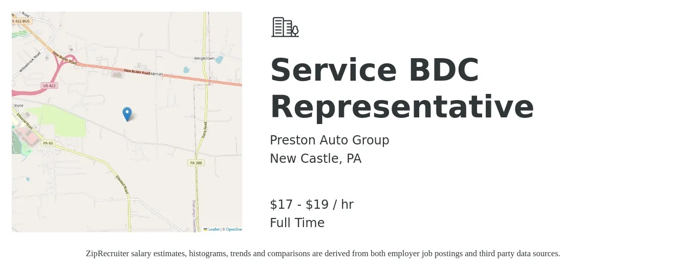 Preston Auto Group job posting for a Service BDC Representative in New Castle, PA with a salary of $18 to $20 Hourly with a map of New Castle location.