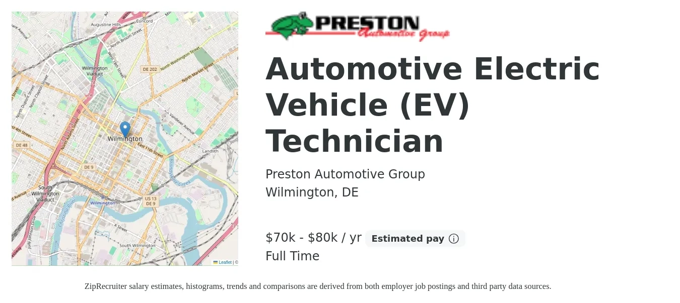 Preston Automotive Group job posting for a Automotive Electric Vehicle (EV) Technician in Wilmington, DE with a salary of $70,000 to $80,000 Yearly with a map of Wilmington location.