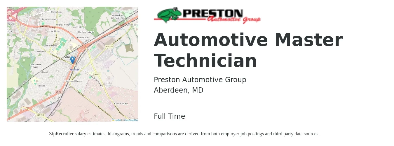 Preston Automotive Group job posting for a Automotive Master Technician in Aberdeen, MD with a salary of $34 to $48 Hourly with a map of Aberdeen location.