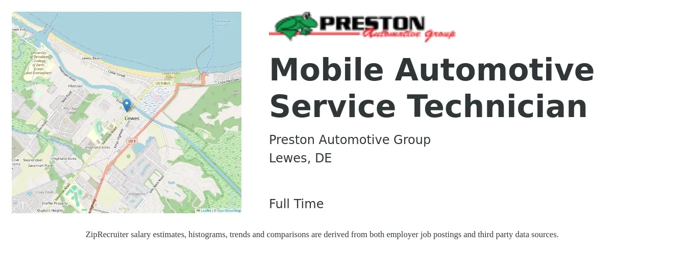 Preston Automotive Group job posting for a Mobile Automotive Service Technician in Lewes, DE with a salary of $19 to $31 Hourly with a map of Lewes location.