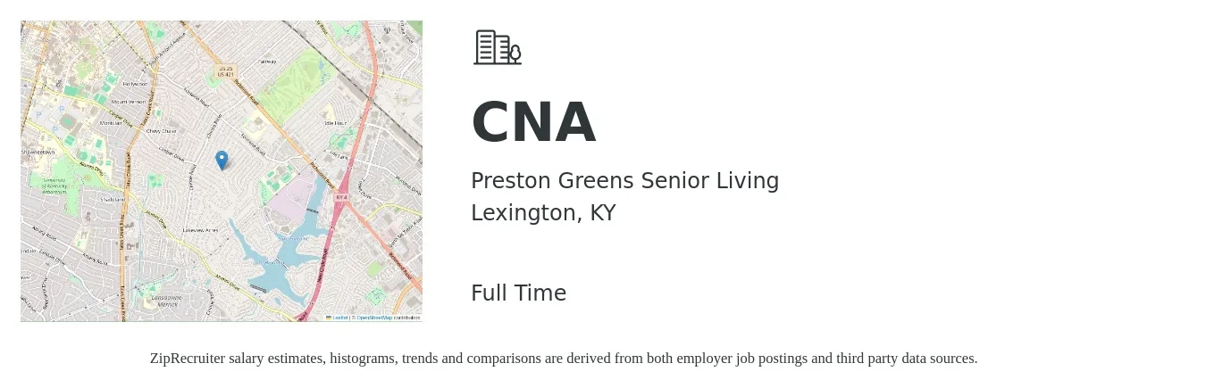 Preston Greens Senior Living job posting for a CNA in Lexington, KY with a salary of $17 to $23 Hourly with a map of Lexington location.