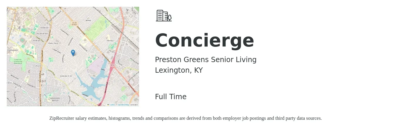 Preston Greens Senior Living job posting for a Concierge in Lexington, KY with a salary of $16 to $20 Hourly with a map of Lexington location.