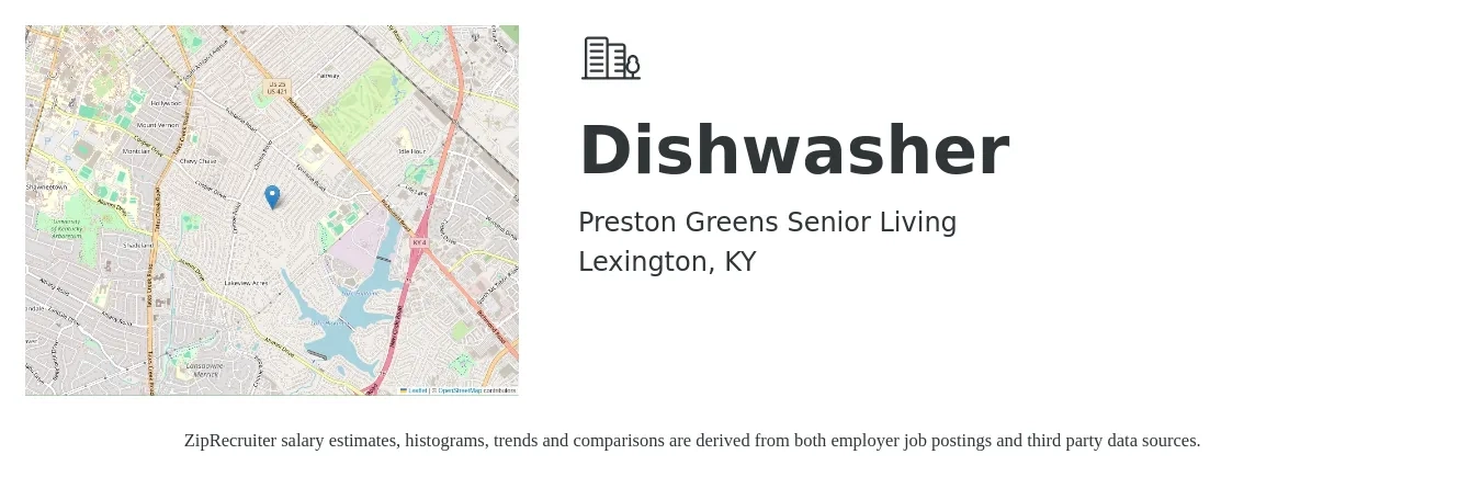 Preston Greens Senior Living job posting for a Dishwasher in Lexington, KY with a salary of $13 to $17 Hourly with a map of Lexington location.