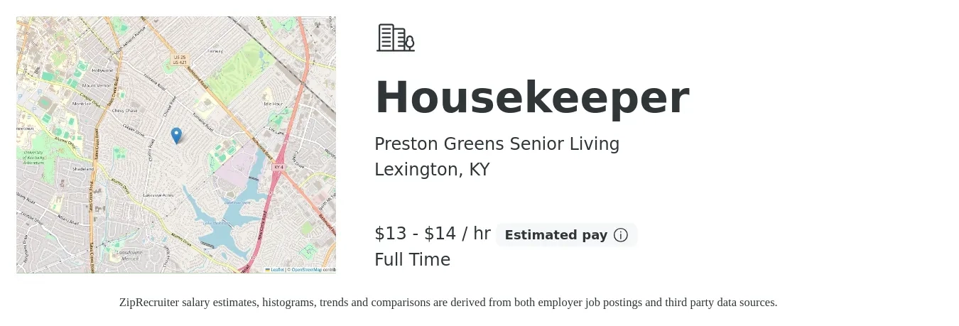 Preston Greens Senior Living job posting for a Housekeeper in Lexington, KY with a salary of $14 to $15 Hourly with a map of Lexington location.