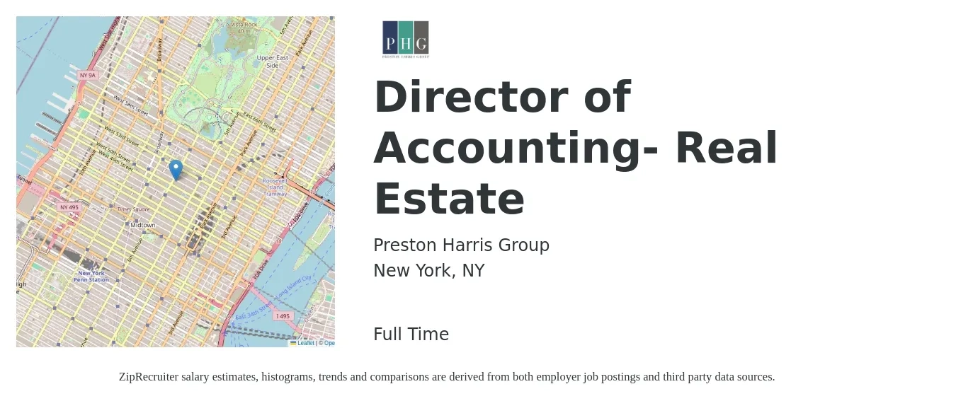 Preston Harris Group job posting for a Director of Accounting- Real Estate in New York, NY with a salary of $140,000 to $150,000 Yearly and benefits including medical, pto, and vision with a map of New York location.