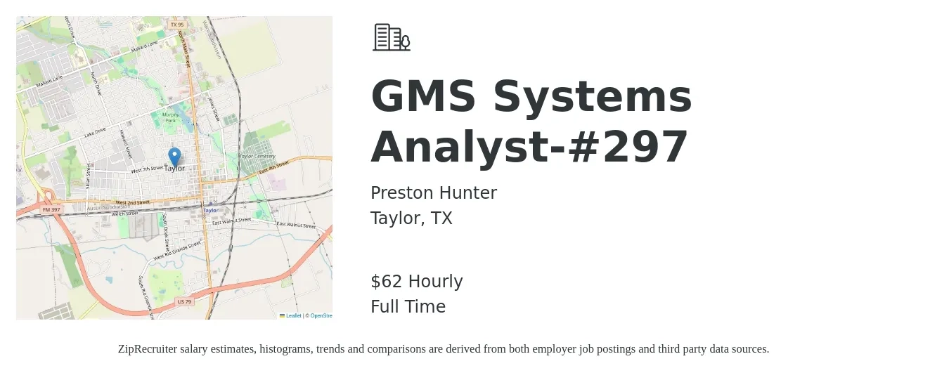 Preston Hunter job posting for a GMS Systems Analyst-#297 in Taylor, TX with a salary of $65 Hourly with a map of Taylor location.