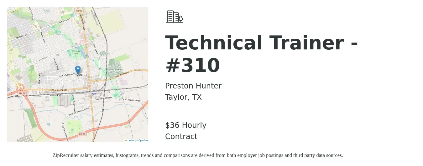 Preston Hunter job posting for a Technical Trainer -#310 in Taylor, TX with a salary of $38 Hourly with a map of Taylor location.
