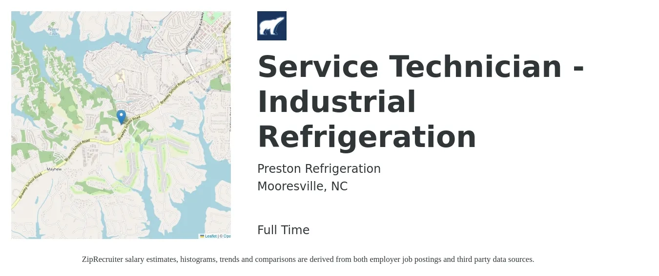 Preston Refrigeration job posting for a Service Technician - Industrial Refrigeration in Mooresville, NC with a salary of $24 to $30 Hourly with a map of Mooresville location.