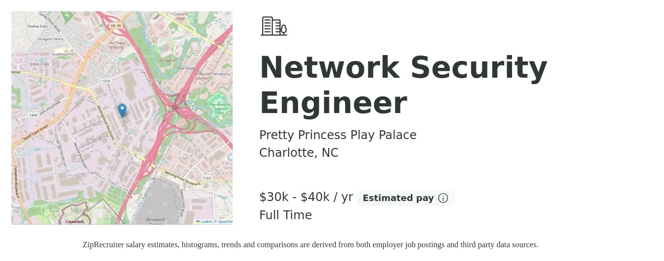 Pretty Princess Play Palace job posting for a Network Security Engineer in Charlotte, NC with a salary of $30,000 to $40,000 Yearly with a map of Charlotte location.