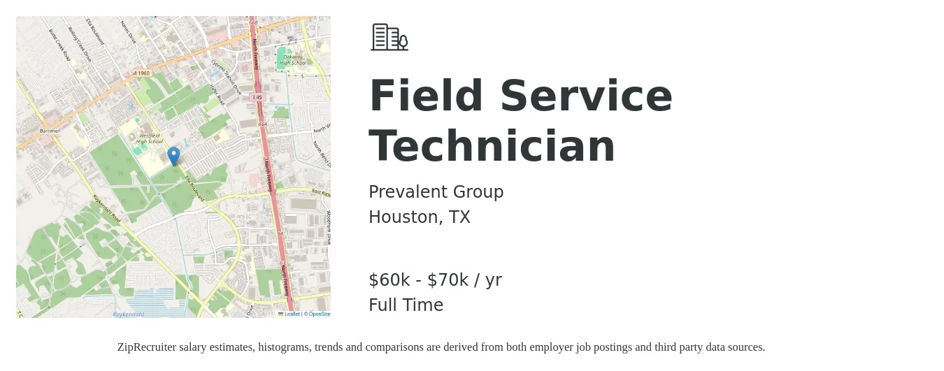 Prevalent Group job posting for a Field Service Technician in Houston, TX with a salary of $65,000 to $75,000 Yearly with a map of Houston location.