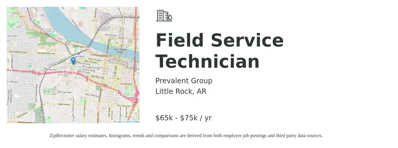 Prevalent Group job posting for a Field Service Technician in Little Rock, AR with a salary of $65,000 to $75,000 Yearly with a map of Little Rock location.