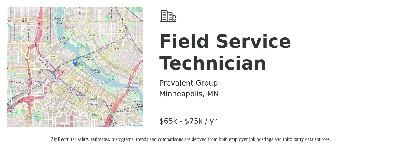 Prevalent Group job posting for a Field Service Technician in Minneapolis, MN with a salary of $65,000 to $75,000 Yearly with a map of Minneapolis location.